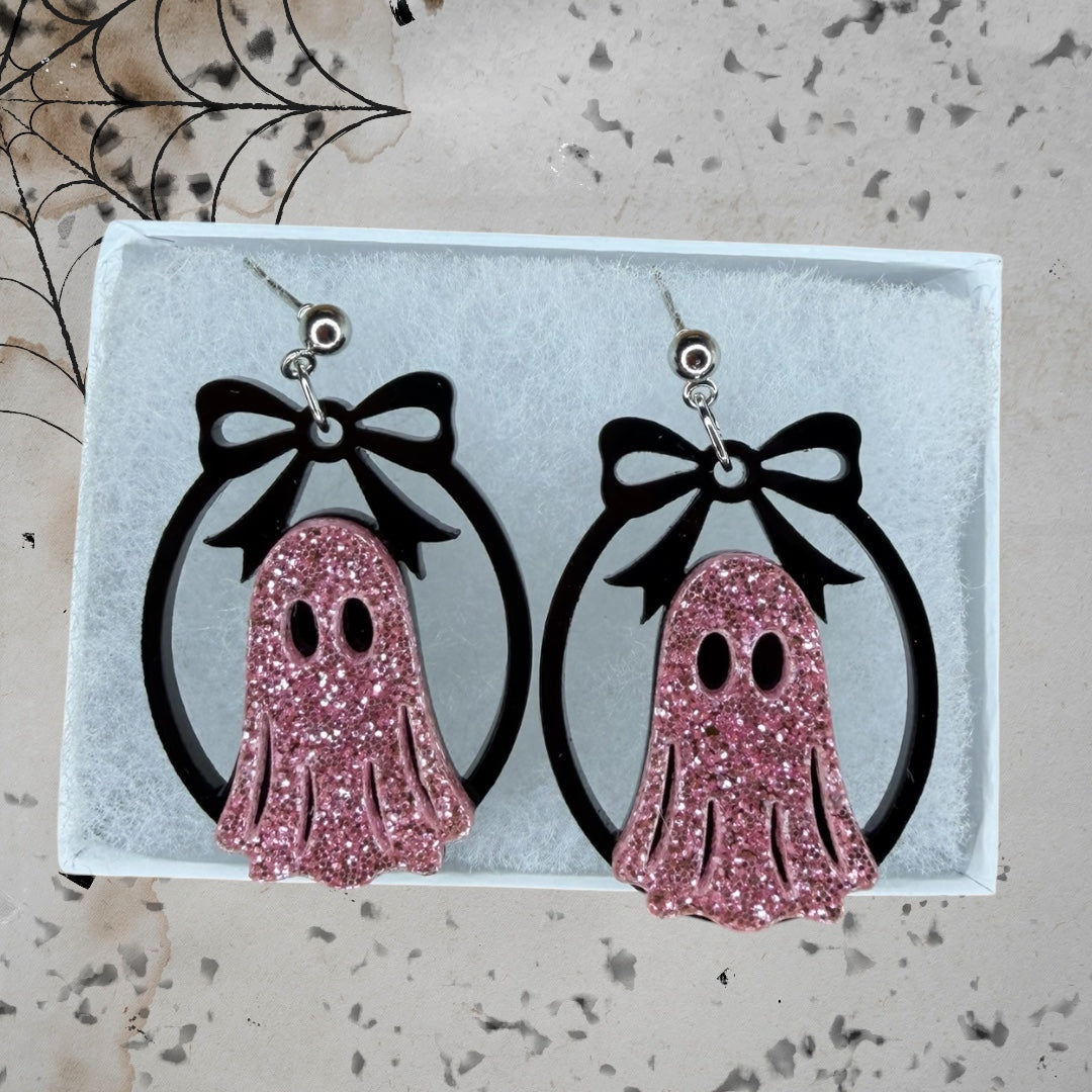 READY TO SHIP ( Sparkle Pink) Ghost Dangle earrings Laser Cut