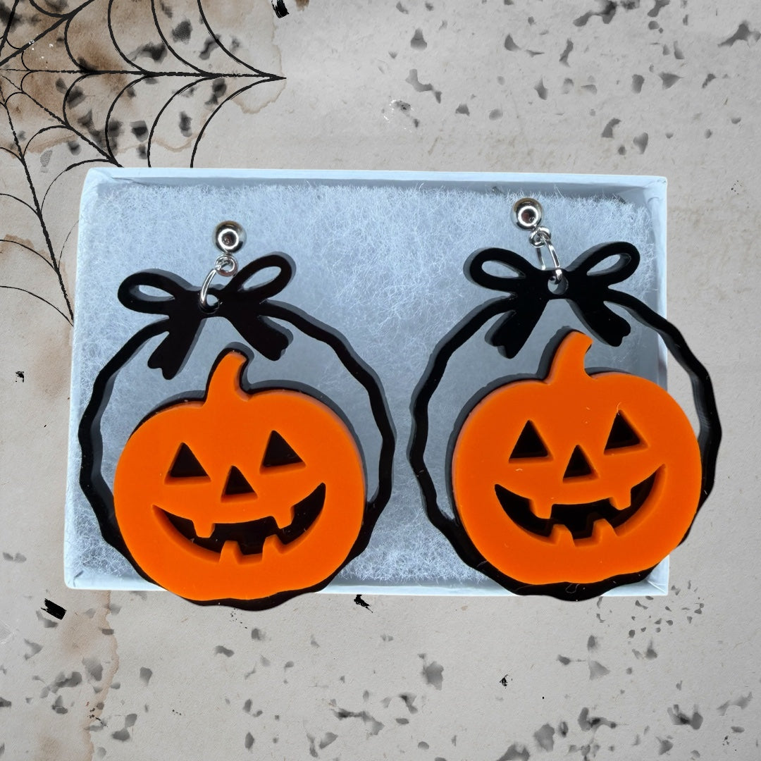 READY TO SHIP (Orange and black) Pumpkin Dangle earrings Laser Cut