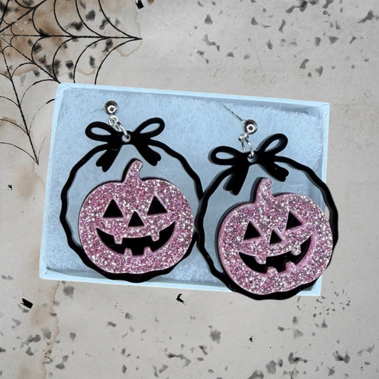 READY TO SHIP ( Sparkle Pink) Pumpkin Dangle earrings Laser Cut