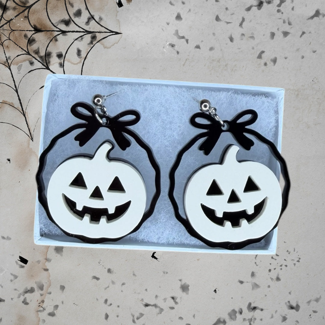 READY TO SHIP (ivory and black) Pumpkin Dangle earrings Laser Cut